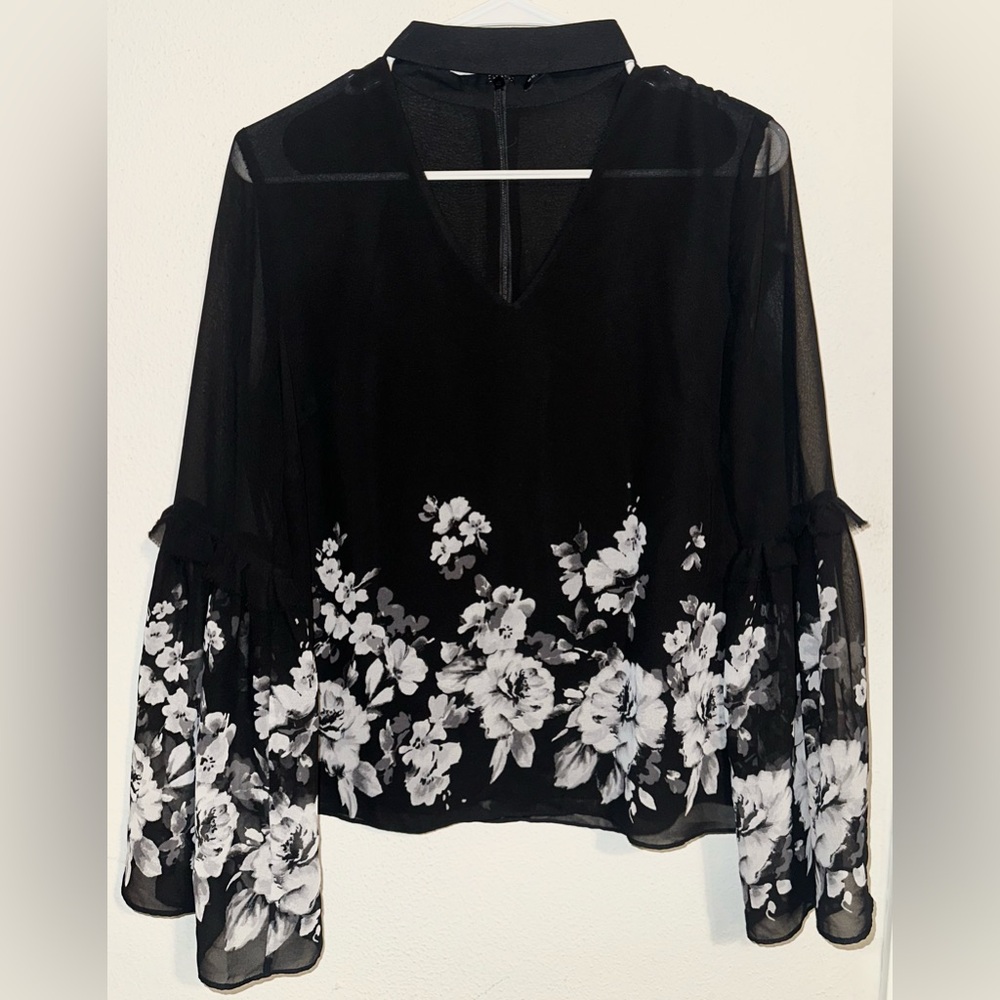 White House Black Market Black and White Floral Blouse